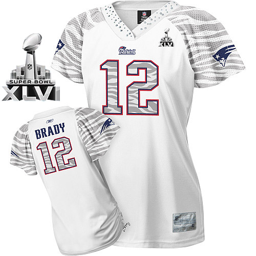 Patriots #12 Tom Brady White Women's Zebra Field Flirt Super Bowl XLVI Stitched NFL Jersey